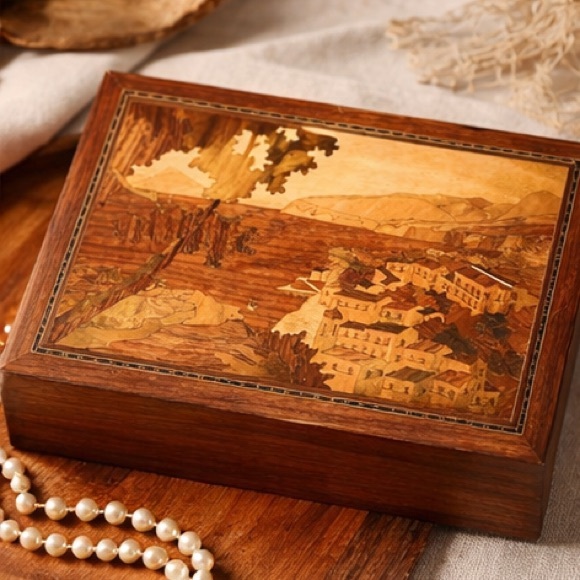 Vintage Wood Marquetry Landscape Box Inlaid Scene 7” x 95 “ European